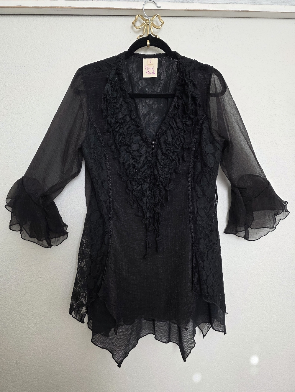 Pretty Angel Y2K Boho Grunge Fairycore Renaissance Ruffled Lace Silk Blouse Sz L